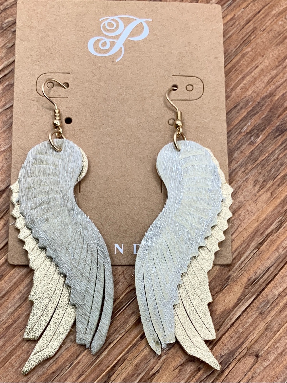 Plunder Design FEYA Cream Silver Gold Faux Leather Wing Drop Earrings